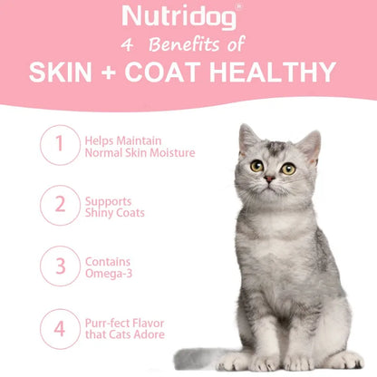 Skin & Coat Cat Chews - Omega 3, Vitamin E, Biotin Supplements for Healthy Skin, Glossy Coat & Anti - Shedding, Salmon Flavor