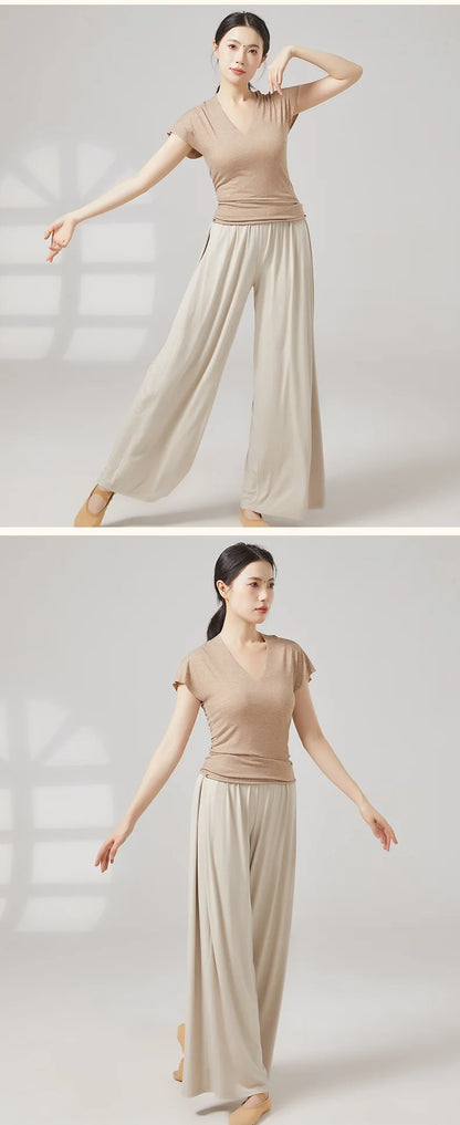 Modern Dance Clothes Women  V-Neck Seamless Short Sleeve T-Shirt Elegant Stage Costume Basic Training Tops Casual Summer Blouse