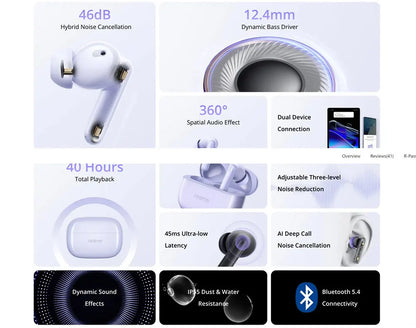 Global Version realme Buds T310 True Wireless Earphone 46dB Active Noise Cancelling TWS Earphone Bluetooth 5.4 For realme phone