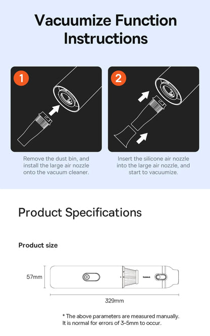 Baseus A5 Air Car Vacuum Cleaner 2-in-1 Powerful Wireless Cleaner Strong Suction Handheld Car Cleaning Portable Home Appliance
