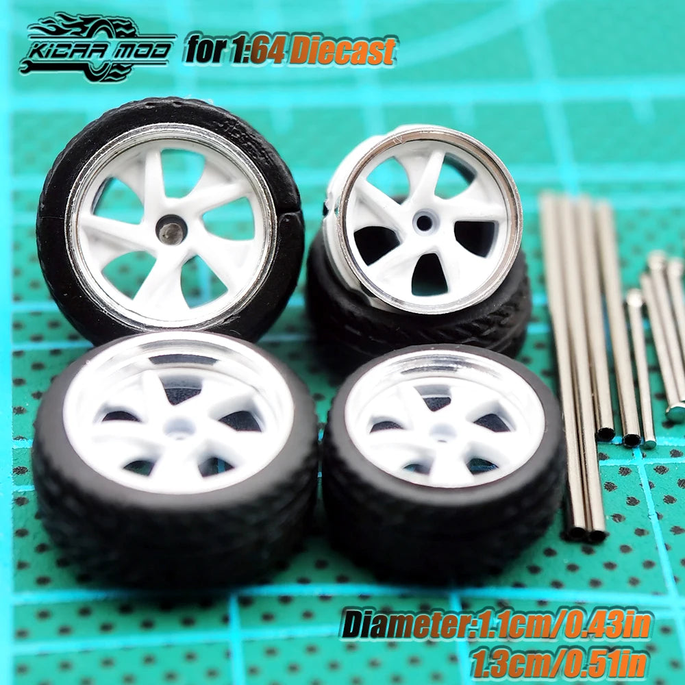 Kicarmod 1/64 Model Car ABS Wheels with Rubber Tire Metal Rims Front Small Rear Large Refitting Parts For Model Car Hot Wheels