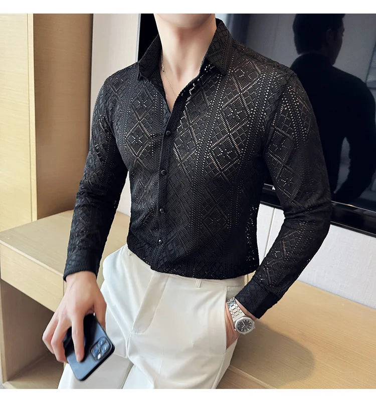 Quality Hollow Shirts For Men Korean Luxury Clothing Fashion Sexy Lace Men's Social Shirt Dress Slim Fit Long Sleeve Prom Tuxedo