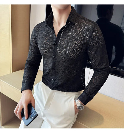 Quality Hollow Shirts For Men Korean Luxury Clothing Fashion Sexy Lace Men's Social Shirt Dress Slim Fit Long Sleeve Prom Tuxedo