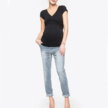 Maternity Clothes For Women Breastfeeding Clothing Short Sleeve T-Shirt Solid V-Neck Pregnant Women's Nursing Tops