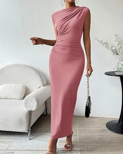 Women's Ruched Bodycon Dress Summer Casual Sleeveless Back Slit Elegant Club Evening Party Cocktail Maxi Dresses