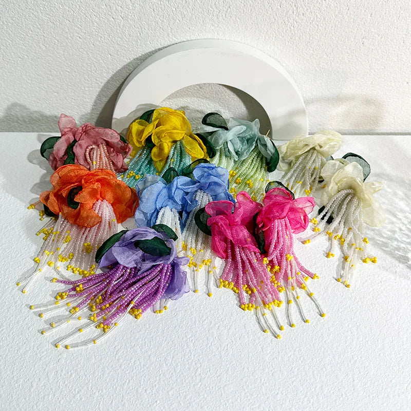 Bohemian Fabric Long Flower Earrings Big Statement Earrings Fringe Beads Drop Earrings Women Jewelry Handmade Vintage Earrings