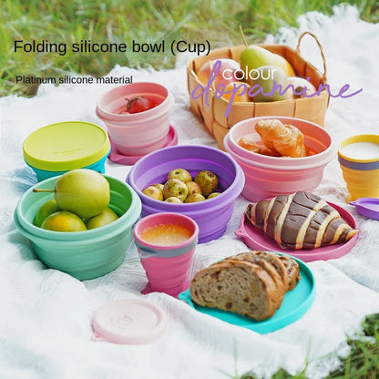 Silicone Bowl Foldable with Lid Camping Baby Travel Portable Round Large Food Container Heat Resistant Salad Bowl