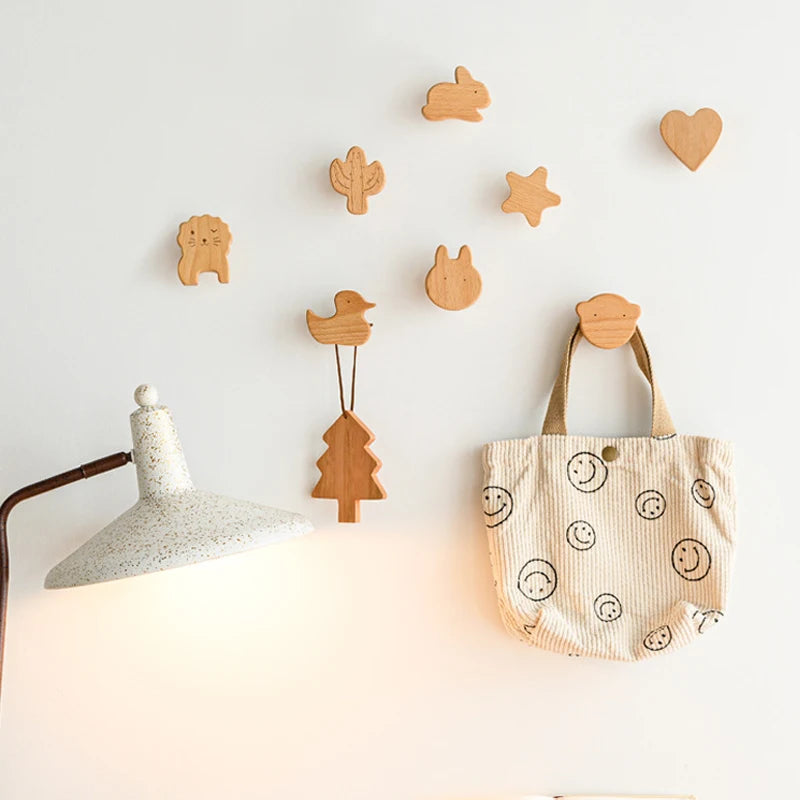 1PCS Solid Wood Hooks Cute Room Decor Animal Hook Wall Hanging Key Coat Hook Home Decoration Hanger Bathroom Kitchen Accessories