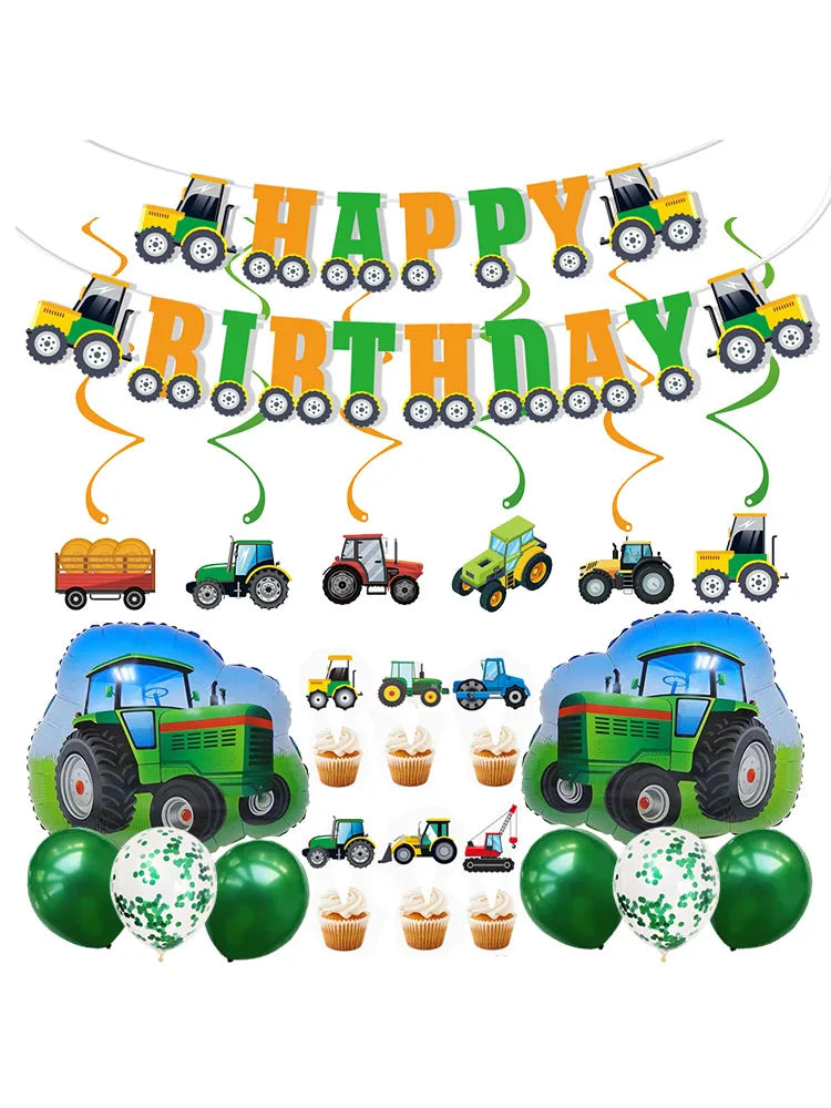 Farm Green Tractor Supplies Tractor Balloons Banner Hanging Swirl Cupcake Toppers Tractor Farm Themed Birthday Party Decorations