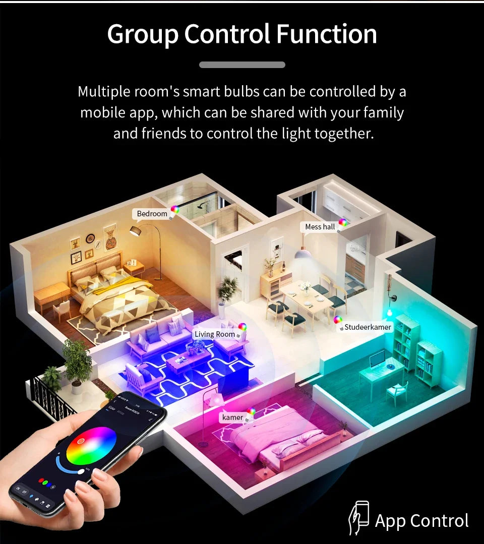 220V Tuya Smart Bluetooth LED Light Bulbs E27 9W 15W 18W RGB Bulbs APP Control Dimmable Timer Function For Bedroom Living Room