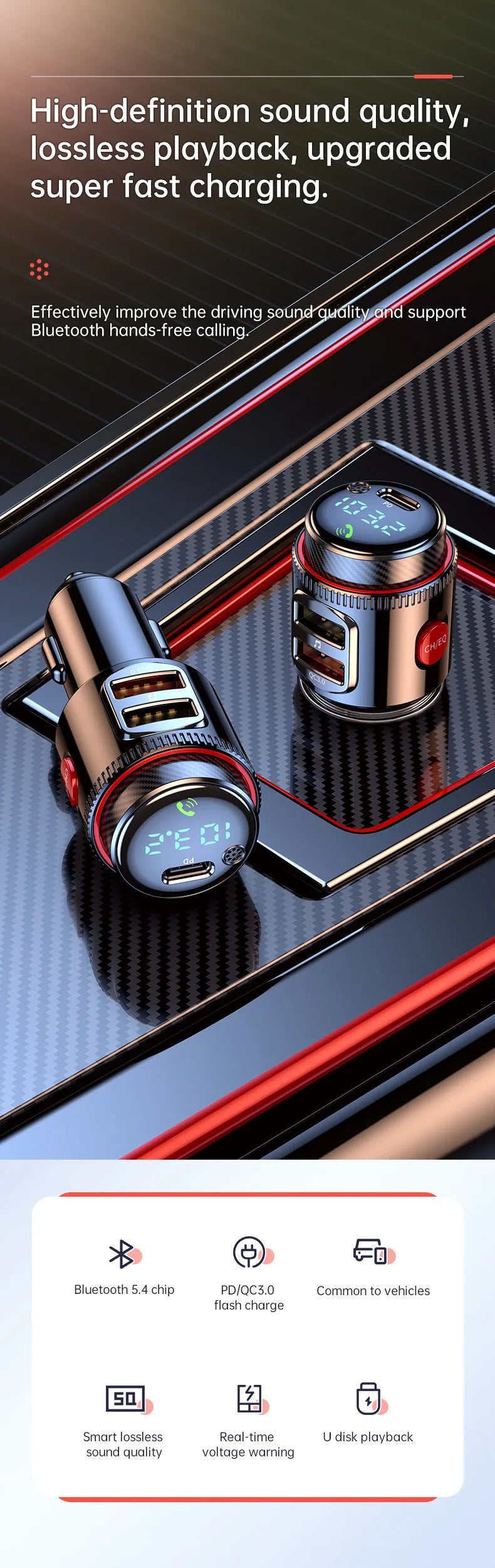 VR Robot PD30W+QC 3.0 Bluetooth 5.4 Car MP3 Player FM Transmitter Wireless Handsfree U Disk Play USB Car Fast Charge Adapter