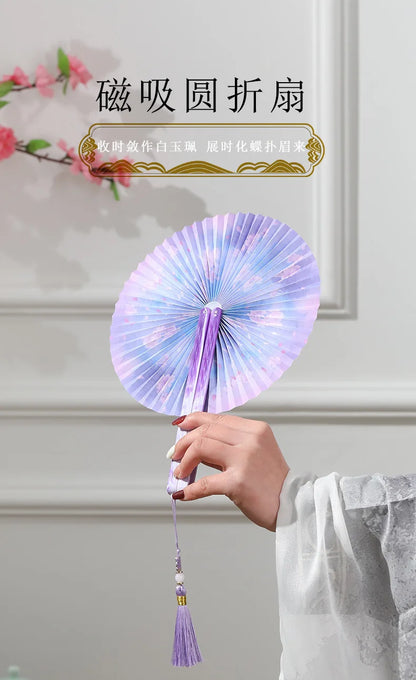 Magnetic Folding Round Fan Chinese Antique Style Dancer Hanfu Fan Student Gift Wedding Perform Dance Party Fan Photography Prop