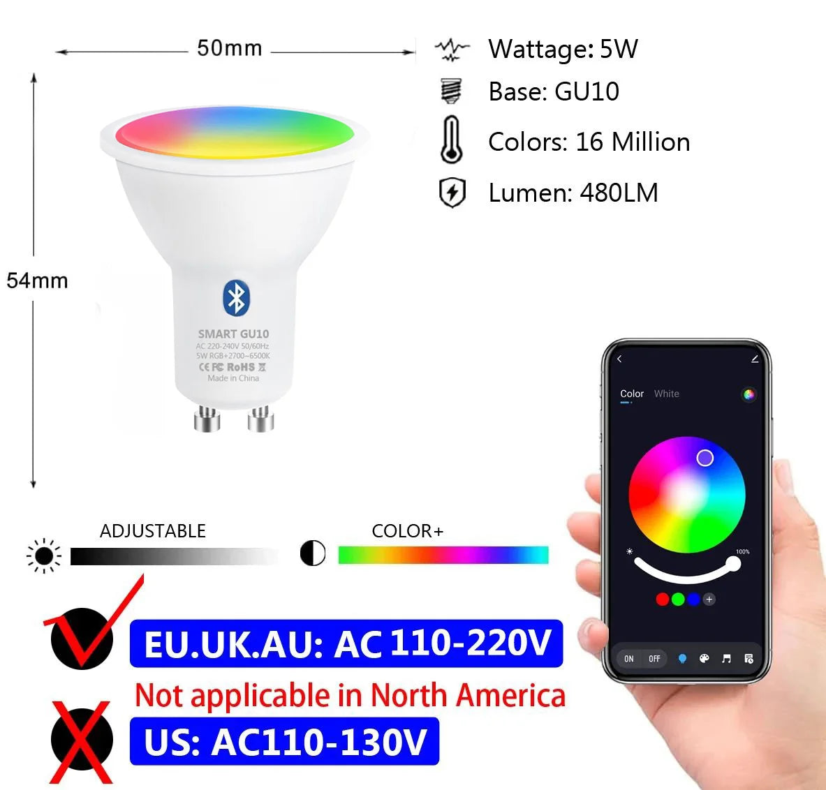 GU10 Bluetooth Lamp Tuya Smart Bulb RGB 220V Led Light Bulbs Smart Led Bulb APP Control Lamp 9W Dimmable For Room Home Decor