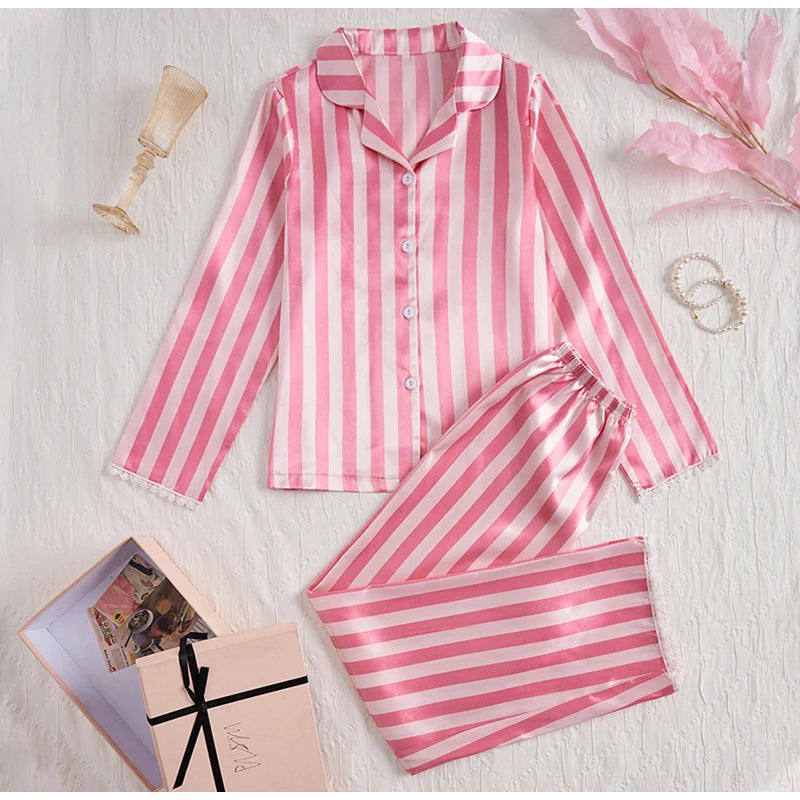 Women's sleepwear two piece set spring autumn satin long sleeved top long pants two piece set casual  comfortable home suit set