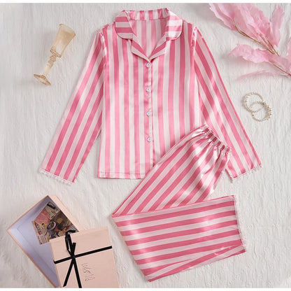 Women's sleepwear two piece set spring autumn satin long sleeved top long pants two piece set casual  comfortable home suit set