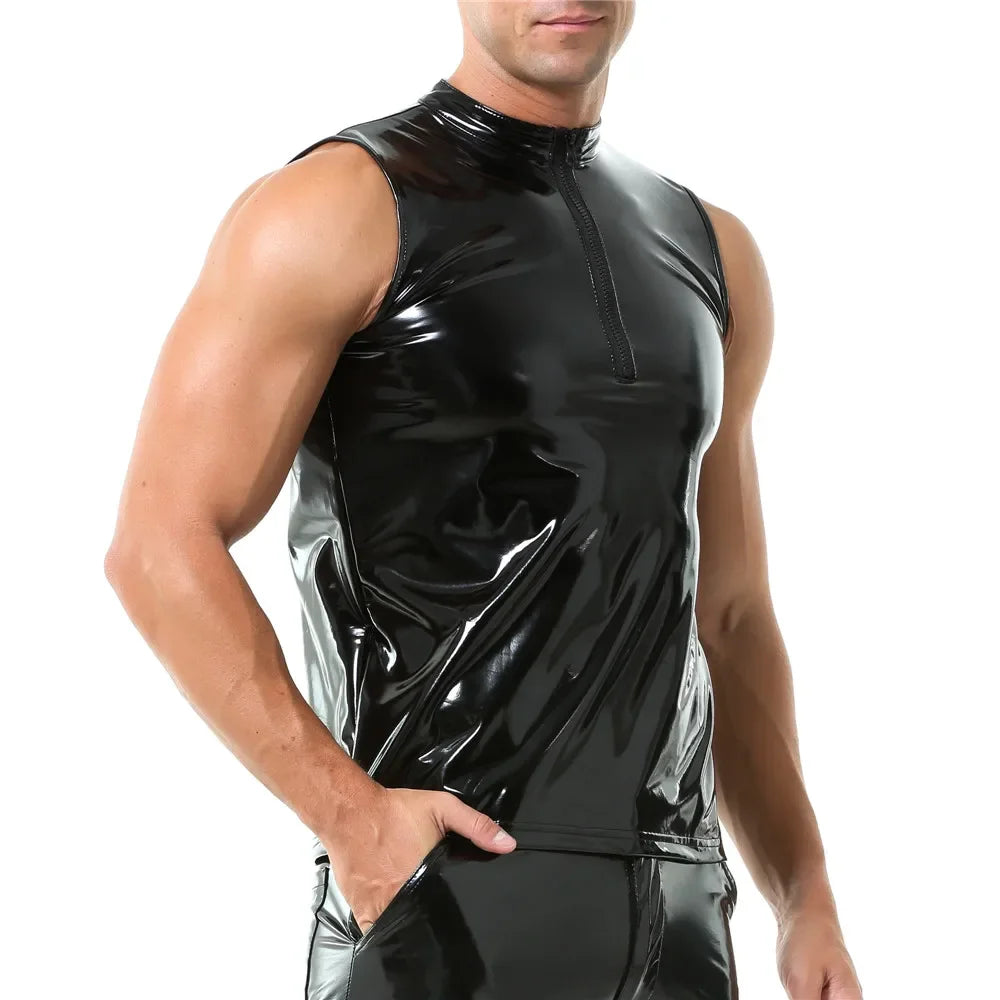 Mens Shiny Wet Look Leather Tank Top Zipper Glossy PVC Leather Sleeveless T-Shirts Shaping Wet Look Latex Leather Tanks Top Vest