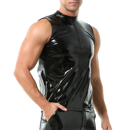 Mens Shiny Wet Look Leather Tank Top Zipper Glossy PVC Leather Sleeveless T-Shirts Shaping Wet Look Latex Leather Tanks Top Vest