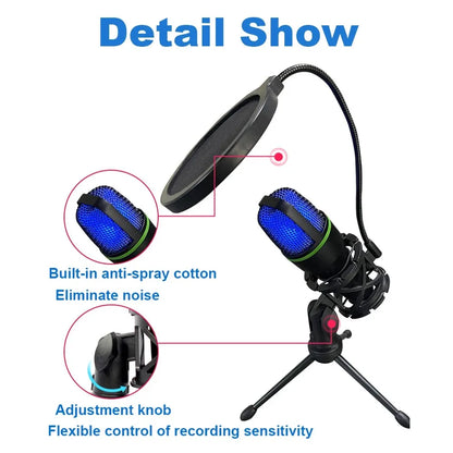 USB condenser microphone RGB desktop recording microphone suitable for PC laptops streaming media video games live streaming con