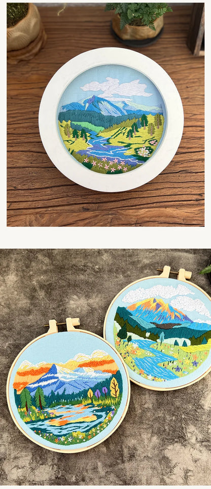Embroidery Starter Kit for Adult Beginner with Landscape Mountain Nature Scenery Pattern Hand Set with Embroidery Cloth Needles