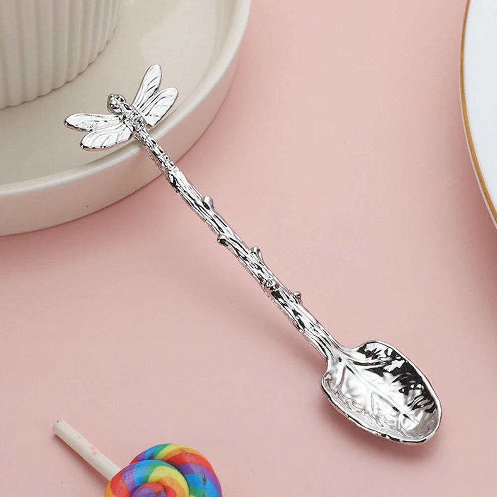 Retro Dessert Spoon Dragonfly Twig Decorative Stirring Spoon Alloy Leaf Spoon Lightweight Portable Coffee Tea Spoon Kitchen Tool