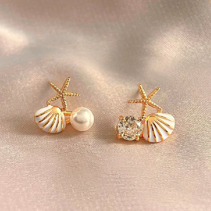 Imitation Pearl Asymmetric Ocean Style Earrings Stud For Women Starfish Shell Earring Ear Ring Zircon Fashion Jewelry Gift