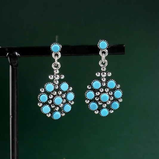 Bohemian Earrings for Women Round Flower Blue Beads Vintage Dangle Silver Color Hook Earrings Fine Jewelry