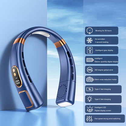 Portable Neck Fan LED Digital Display Hanging Neck Fan Leafless Air Cooler Mute USB Rechargeable Cooler with Atmosphere Light