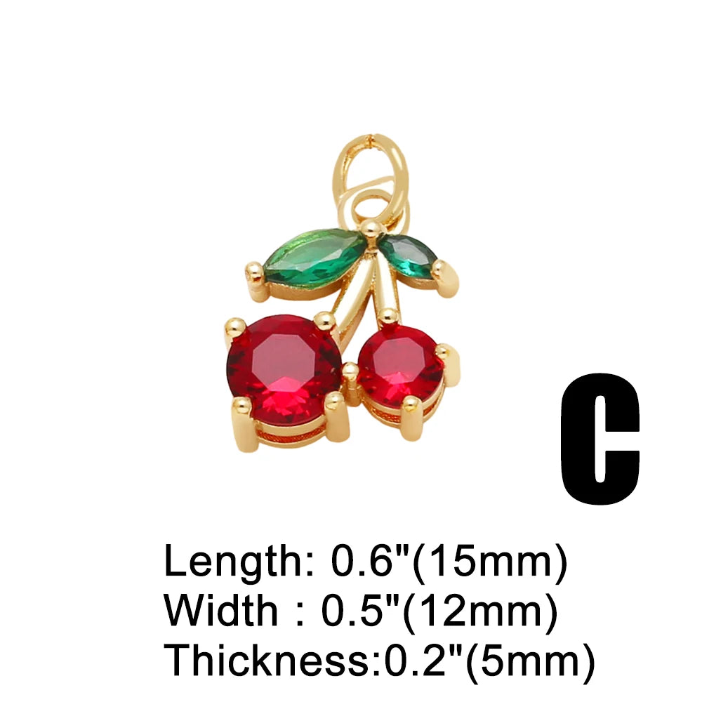 OCESRIO Crystal Green Leaves Cherry Pendant for Necklaces Copper Gold Plated Enamel Fruit Jewelry Making Component pdtb791