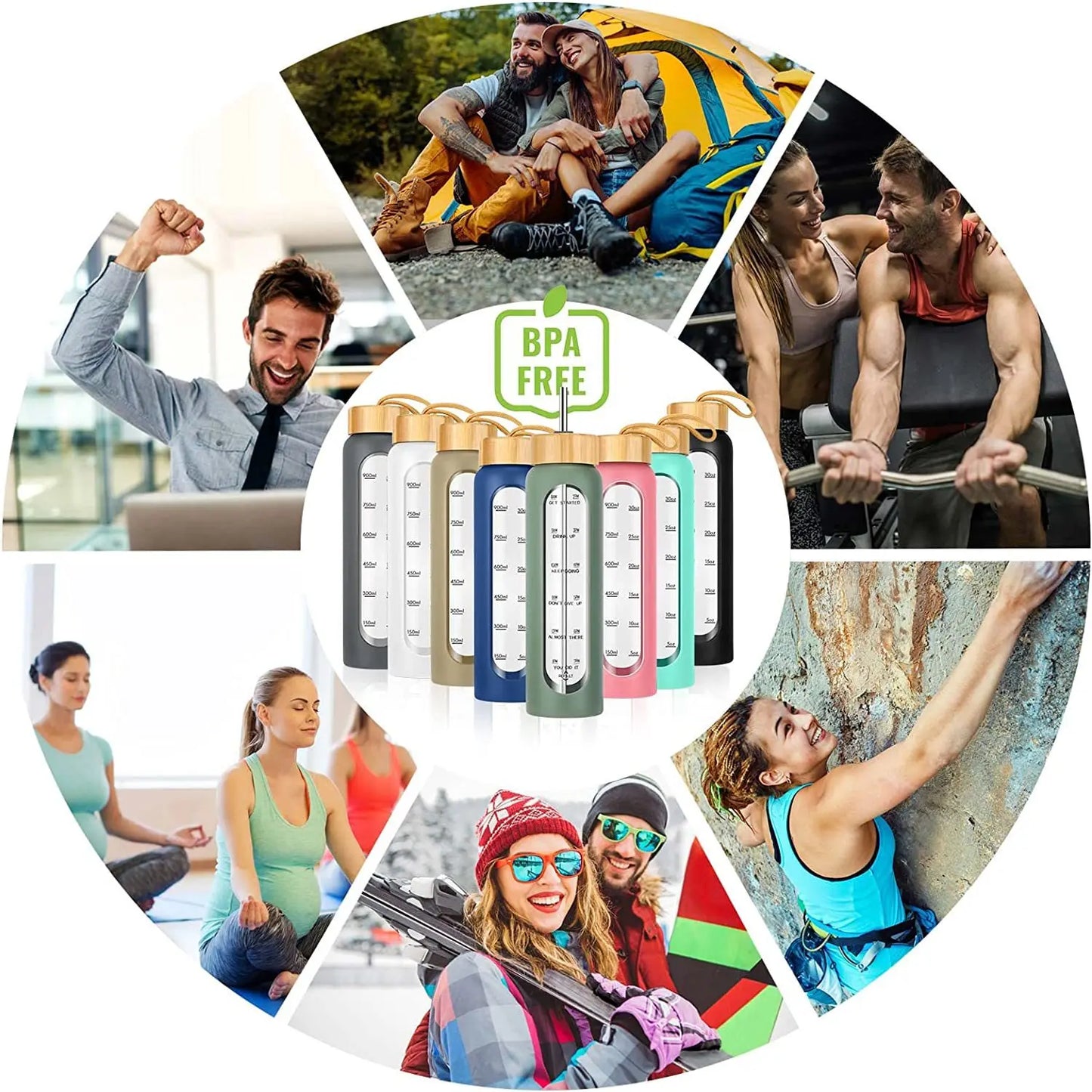 1000ML Glass Water Bottles With Straw, Glass Bottle With Silicone Sleeve And Time Marker, For Gym Home Office