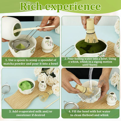 Matcha Whisk and Bowls Kit with Whisk Holder Scoop and Sifter Japanese Style Matcha Making Set Teaset Giftbox for Tea lovers