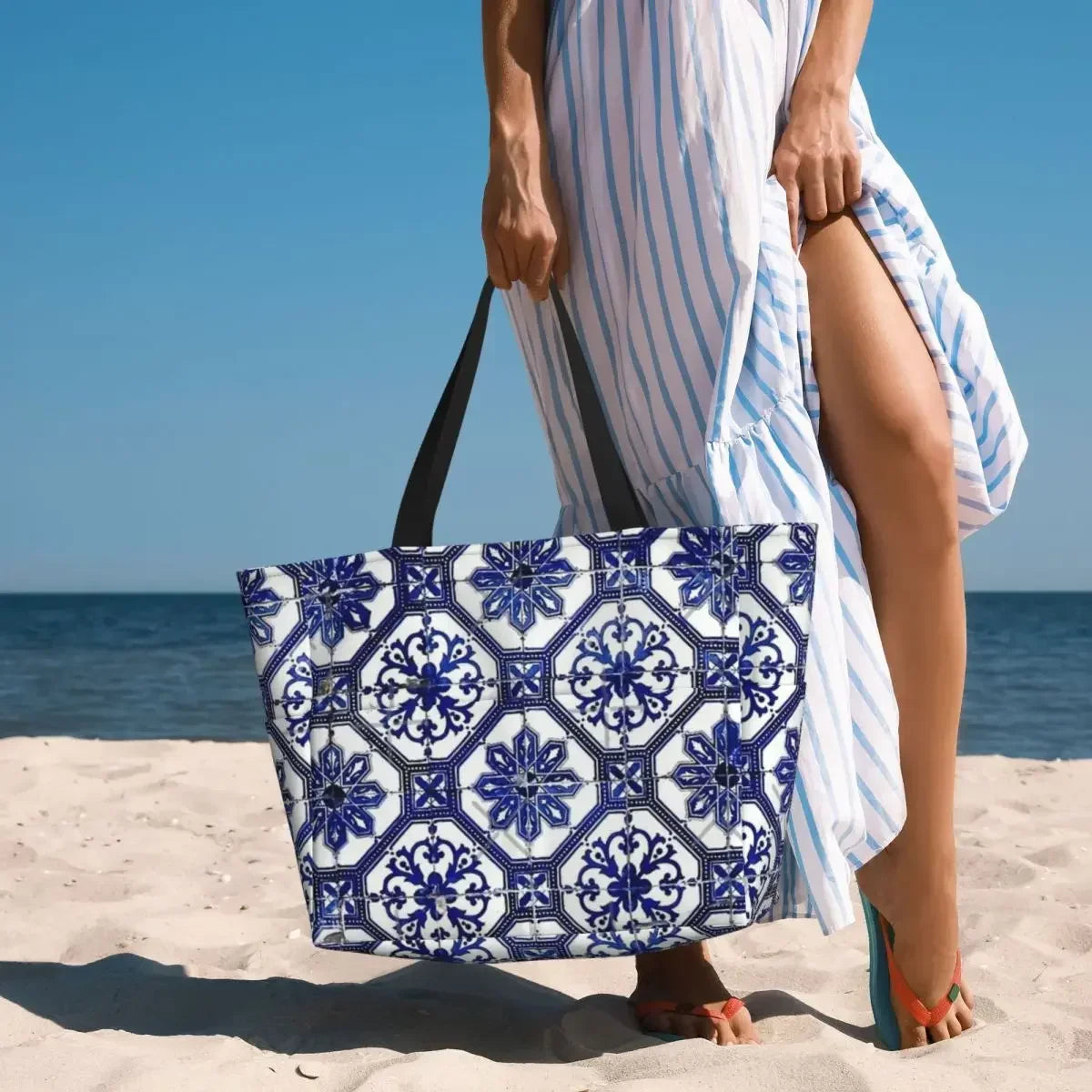 Blue And White Portuguese Tile Beach Travel Bag, Tote  Fashionable Adult Gifts Shoulder  Multi-Style Pattern