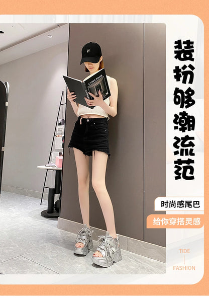 8.5cm Summer Women Leather Chunky Sandals High Platform Trainers Breathable Casual Slippers Shoes New Woman Heels Wedge Sneakers