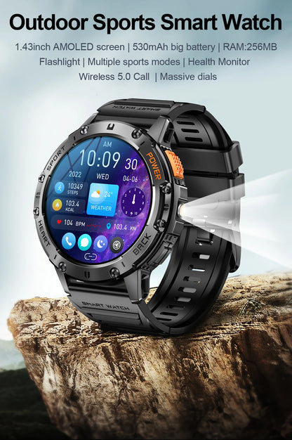 For Android ios New AMOLED Smart Watch Men with Flashlight Sports Waterproof Fitness Tracker Bluetooth Call Smartwatch Man+Box