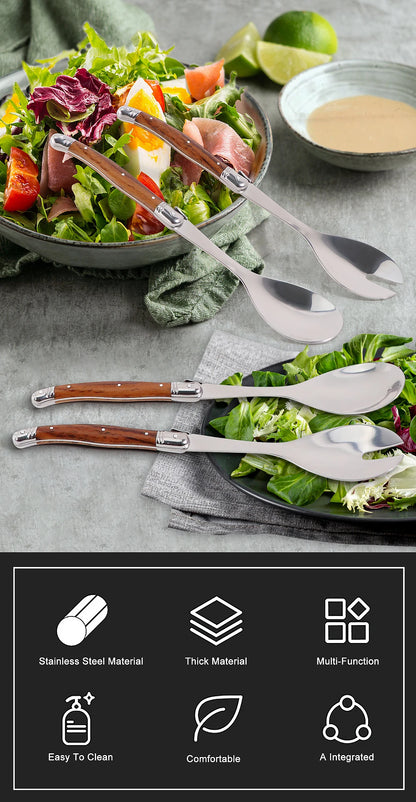 2pc/Set Stainless Steel Salad Spoons Laguiole Style Salad Stirring Spoon Slotted Spoon Wood Grain Plastic Salad Serving Utensils
