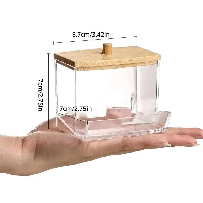 1set Transparent Acrylic Wood Cover Cotton Swab Box With 500 Cotton Swabs Cosmetic Cotton Storage Box