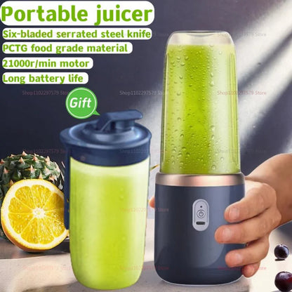 Double Cup Portable Fruit Juice Blender 6 Blades USB Rechargeable Wireless Juicer Machine 400ml Personal Juice Extractor