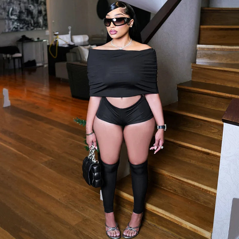 Women's clothing 2025 summer sexy one-shoulder lapel top tight shorts calf socks three-piece suit club clothing Vestidos