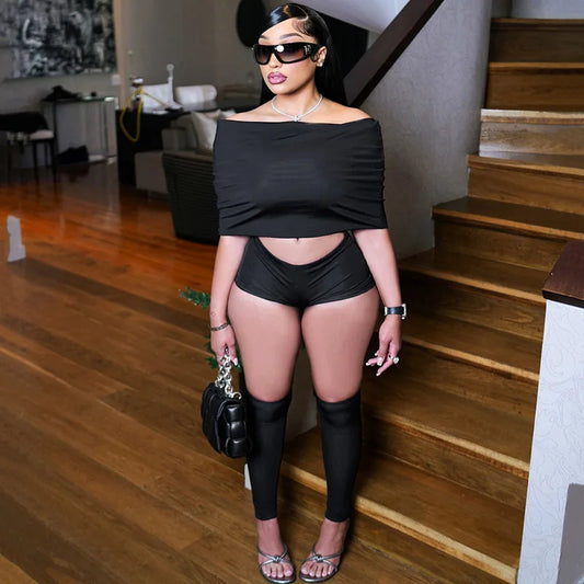 Women's clothing 2025 summer sexy one-shoulder lapel top tight shorts calf socks three-piece suit club clothing Vestidos