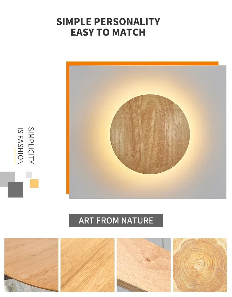 LED Wall Lights Modern Circular Creative Minimalist Wooden Lighting Fixtures Living Room Bedroom Corridor Decoration Lighting