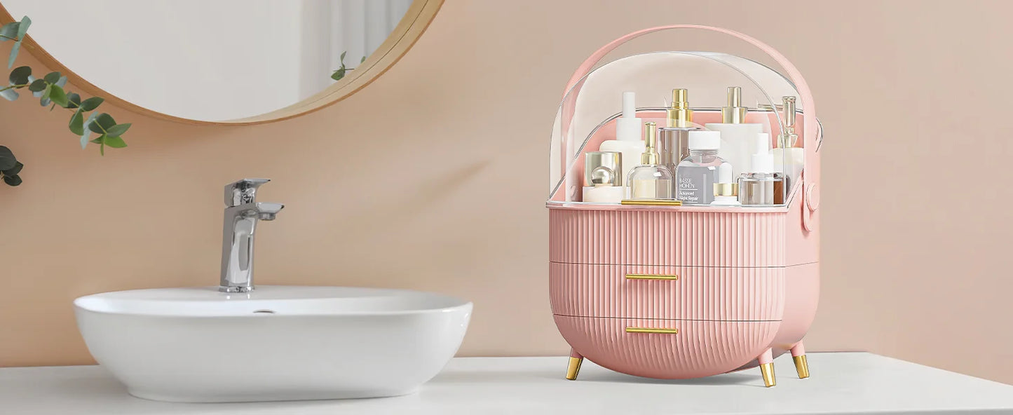 Makeup Storage Organizer with Lid Waterproof Cosmetics Skincare Organizer for Vanity Portable Cosmetics Storage Box for Girls