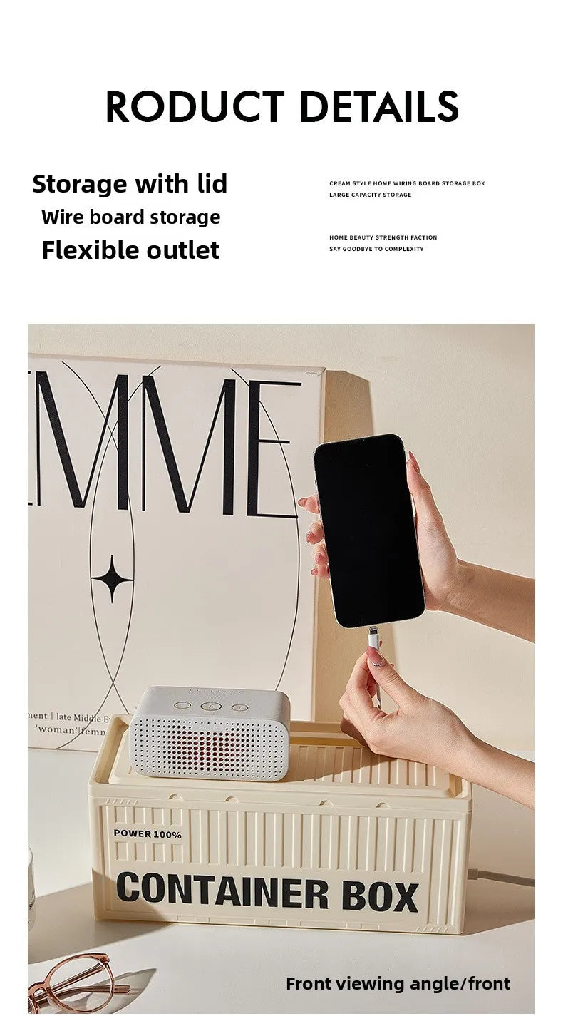 Cable Management Box - Multi-Function Power Strip Organizer with Side Cable Holes, Phone Stand & Storage Lid for Desk/Office