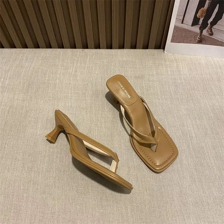 Flip Flops Women Summer Outside New Square Head Slim Heel Sandals Fashion Clip Toe Slippers Women Sandals Pantuflas De Mujer