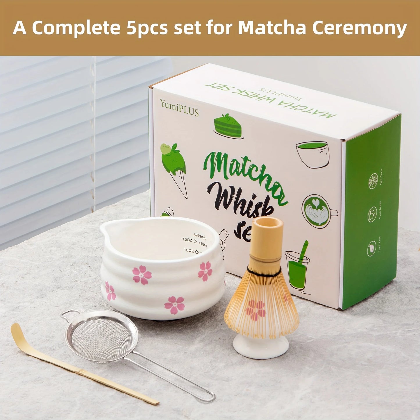 5PCS Matcha Stirrer Set Gift Box Sakura Patterned Matcha Bowl Japanese Matcha Tea Ceremony Perfect Matcha Kit