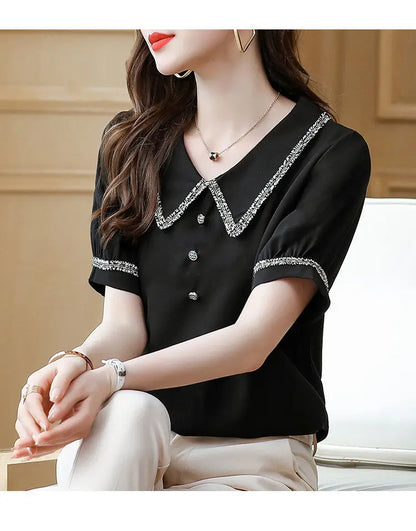 Top for Woman Office Outfits Clothing Black Women's Shirts and Blouses Chiffon Wear To Work Formal Collar Short Sleeve New 2024