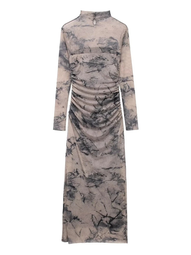 Tangada 2024 Women Print Pleated Mesh Dress Long Sleeve Sexy Famle Stand Collar Maxi Dresses 3H406