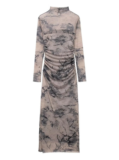 Tangada 2024 Women Print Pleated Mesh Dress Long Sleeve Sexy Famle Stand Collar Maxi Dresses 3H406