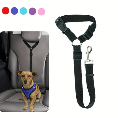 Nylon Two-in-one Dog Car Seat Belt Adjustable Dog Harness Collar Pet Accessories Dog Lead Leash Backseat Safety Belt Solid Color