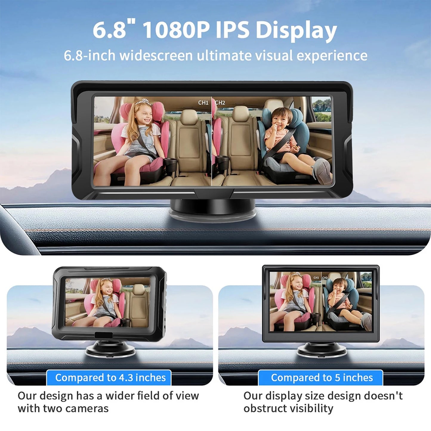 Car Baby Camera Dual Channel 6.8inch 1080P Display with 2 IR Night  Camera and 150° Wide View Angle Automotive Baby Camera