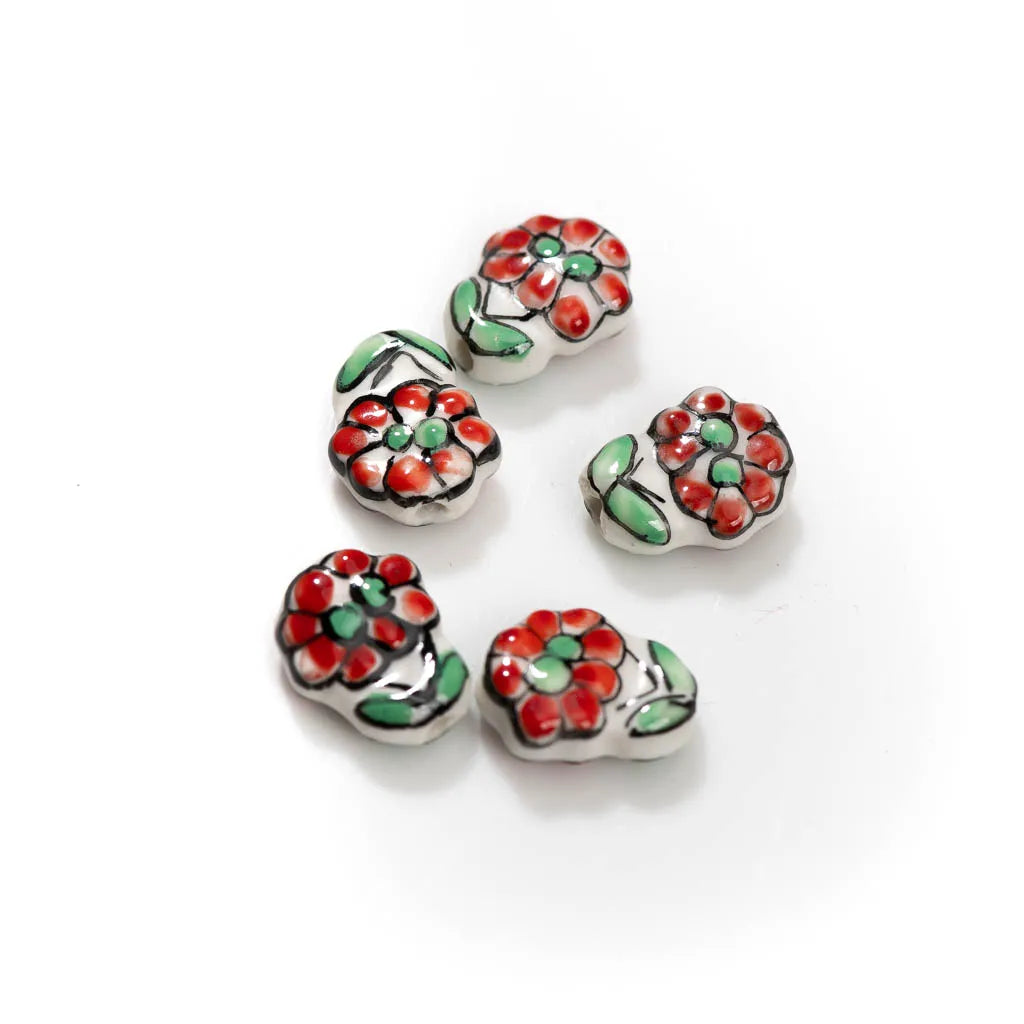 5pcs Artisan Hand-Painted Ceramic Beads Featuring Delicate Multi-Colored Floral Motifs Z717