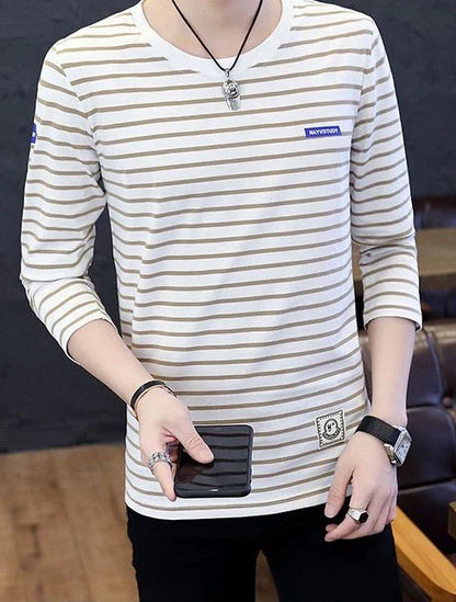 T Shirts for Men Stripe Tops Red Cotton Male Clothes Round Neck Harajuku Fashion Sale High Brand Regular Fit It Full Sleeve Tee